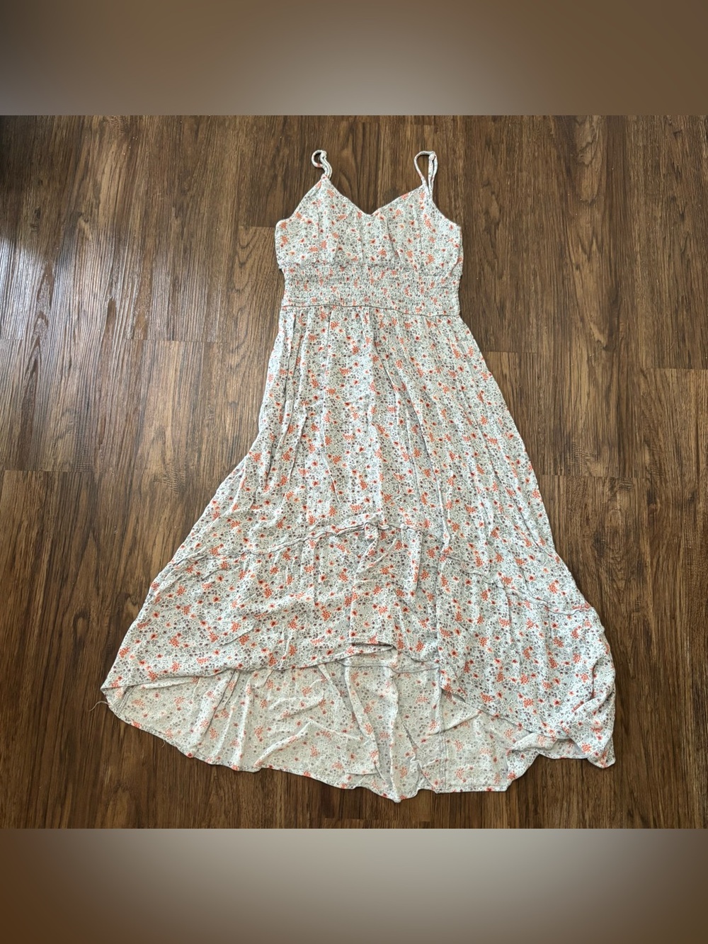 Olivia Grey Blue Gray Pink Floral Smocked High Low Midi Dress Size M